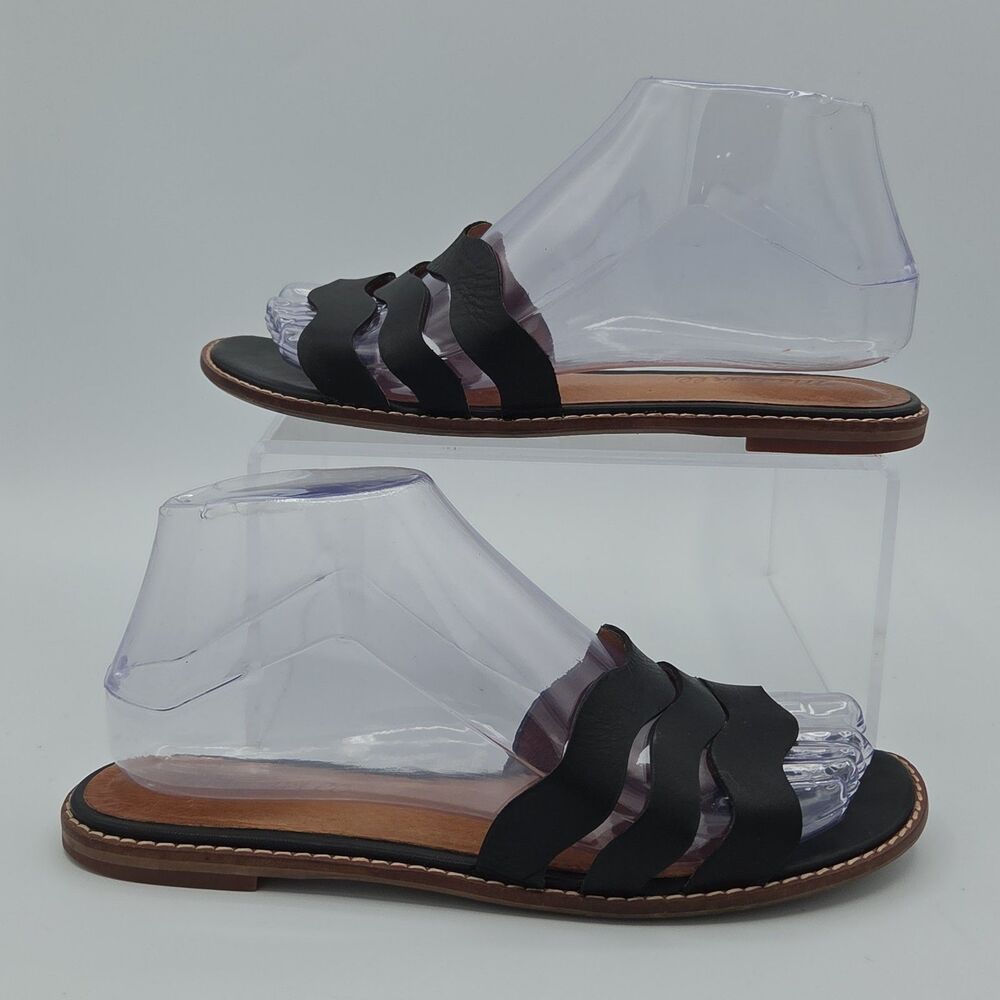 Madewell The Wave Slide Sandals Black Vachetta Leather Flat Shoes Womens Size...